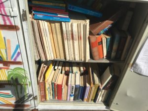 Überfüllter und vermüllter öffentlicher Bücherschrank in der Heinrich-Böcking-Straße